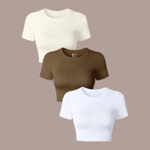 3 Pack Women’s Basic Crop Top Short Sleeves Crew Neck Nude NeutralColors