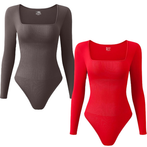 Multi Pack Women's Long Sleeve Bodysuits Womenswear Underwear Sexy Ribbed Square Neck Tummy Control Tops Bodysuit