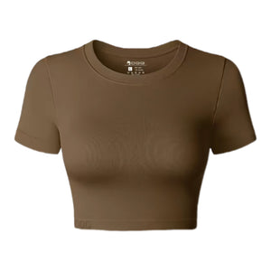 OQQ 3 Pack Women’s Basic Crop Top Short Sleeves Crew Neck Fall Nude Autumn Colors