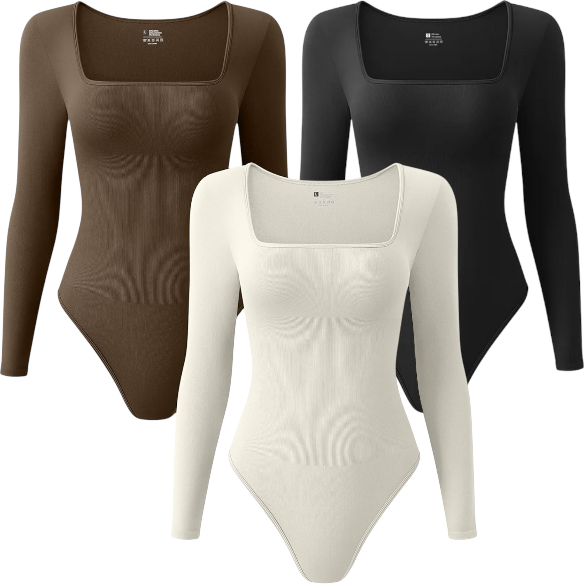 Multi Pack Women's Long Sleeve Bodysuits Womenswear Underwear Sexy Ribbed Square Neck Tummy Control Tops Bodysuit