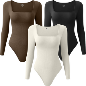 Multi Pack Women's Long Sleeve Bodysuits Womenswear Underwear Sexy Ribbed Square Neck Tummy Control Tops Bodysuit