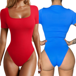 2 Pack Women's Short Sleeve Bodysuits Womenswear Underwear Sexy Ribbed Square Neck Tummy Control Tops Bodysuit